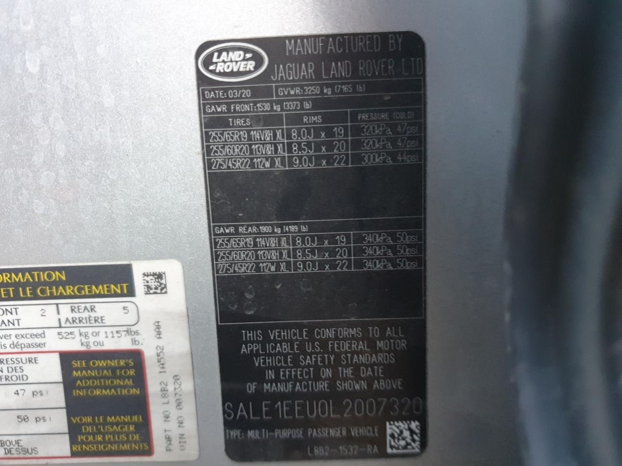 2020 Land Rover Defender VIN SALE1EEU0L2007320 Copart auction photo, hail damage thumbnail 15