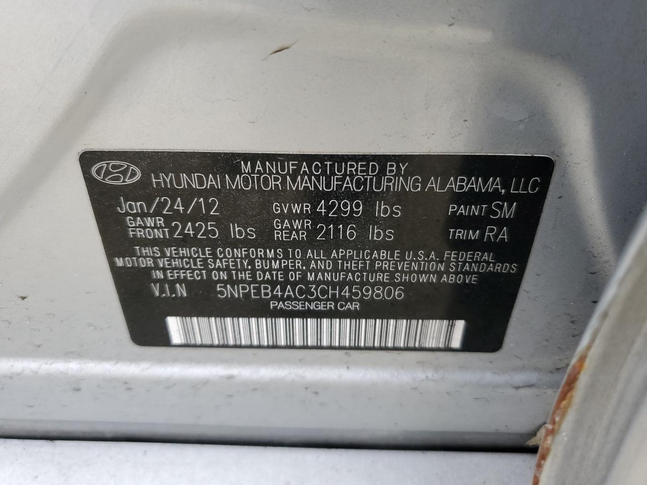 2012 Hyundai Sonata VIN 5NPEB4AC3CH459806 Copart auction photo, mechanical damage thumbnail 12