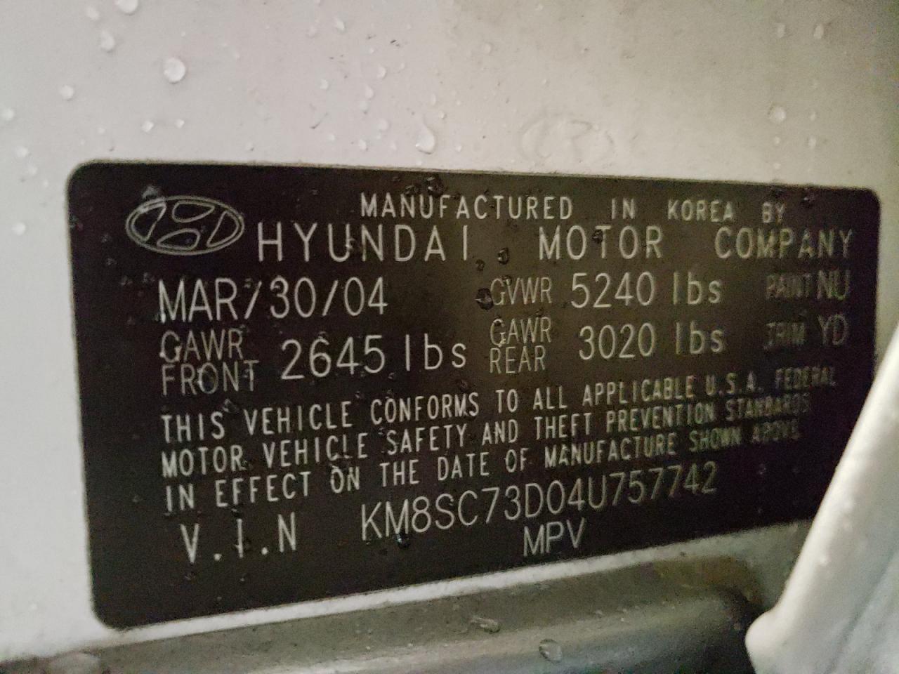 2004 Hyundai Santa Fe VIN KM8SC73D04U757742 Copart auction photo, front end / side damage thumbnail 13