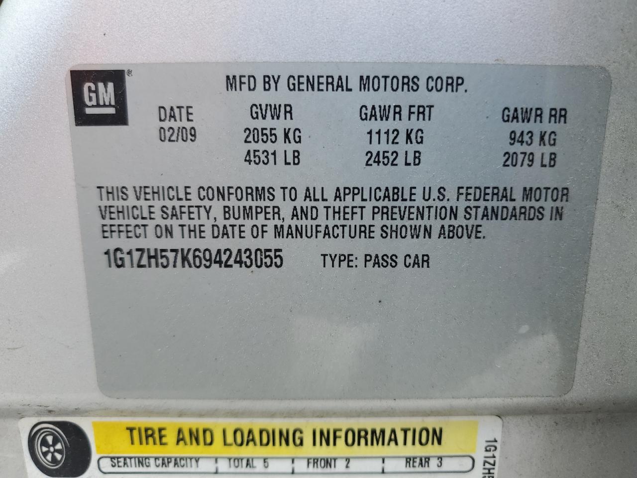 2009 Chevrolet Malibu VIN 1G1ZH57K694243055 Copart auction photo, front end / minor dent/scratches damage thumbnail 15