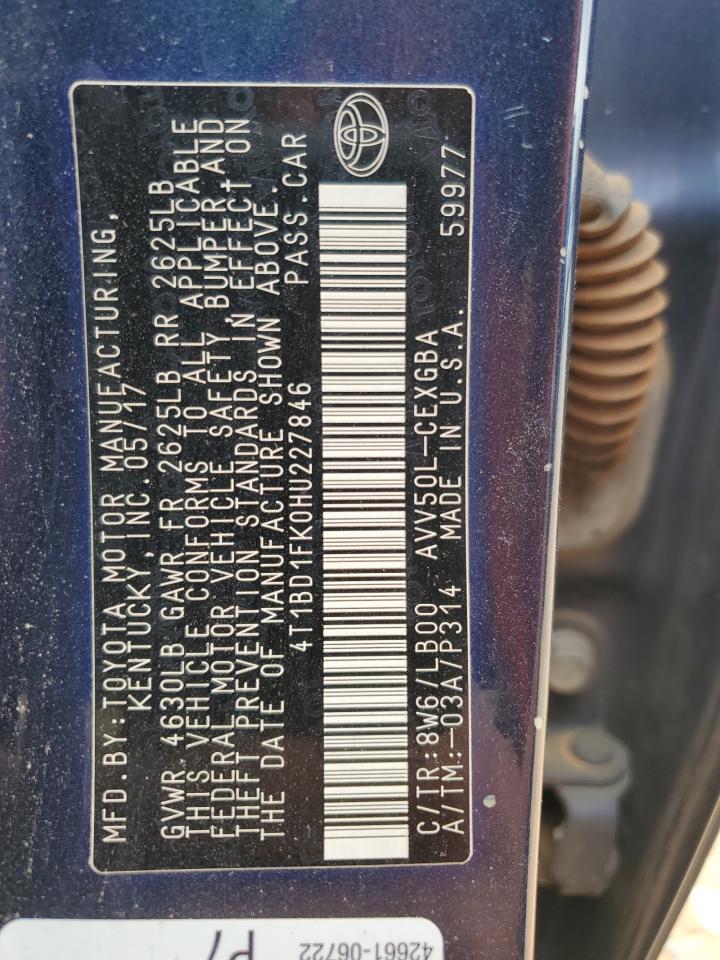 2017 Toyota Camry VIN 4T1BD1FK0HU227846 Copart auction photo, front end / side damage thumbnail 14