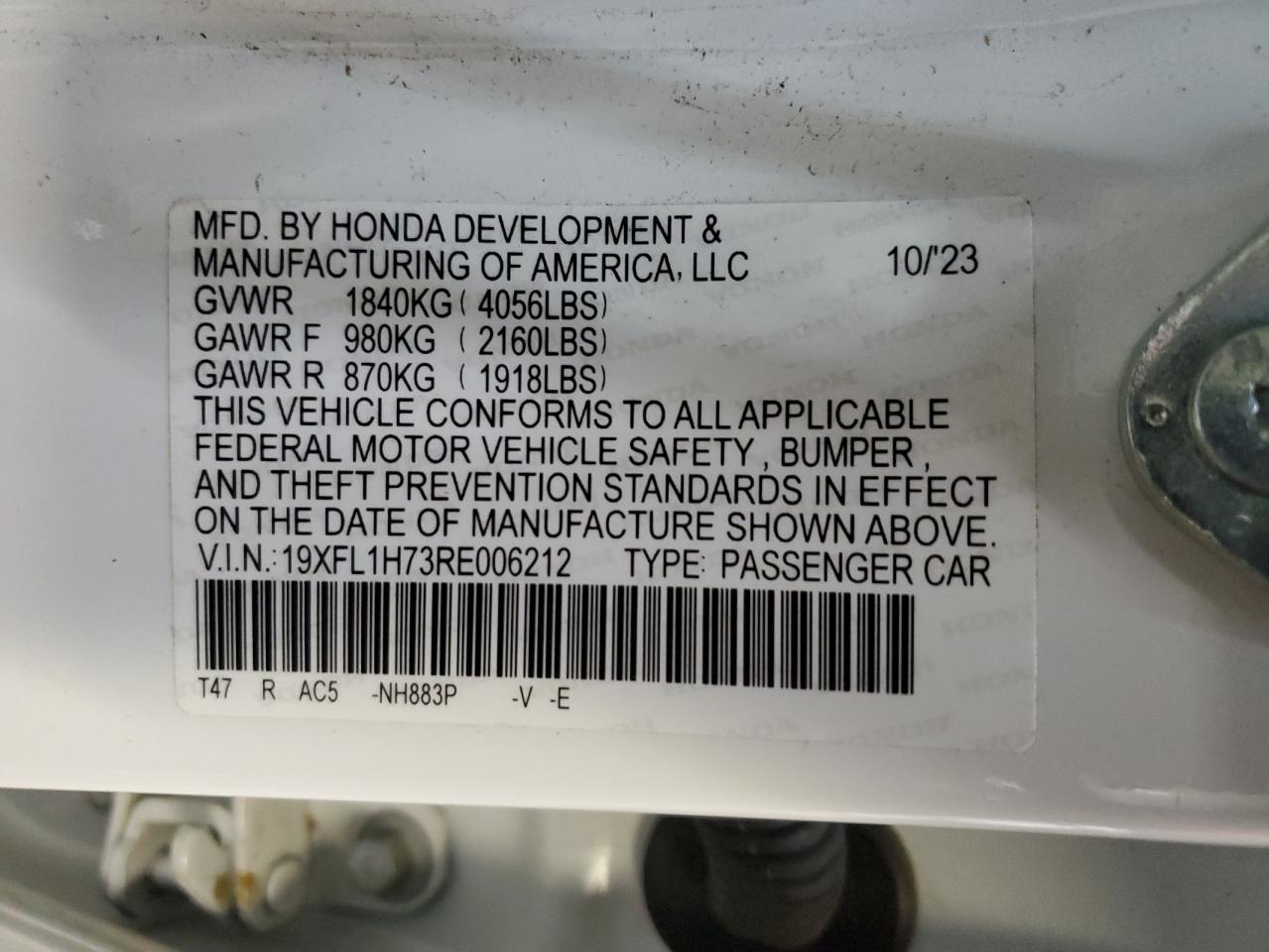 2024 Honda Civic VIN 19XFL1H73RE006212 Copart auction photo, front end damage thumbnail 15