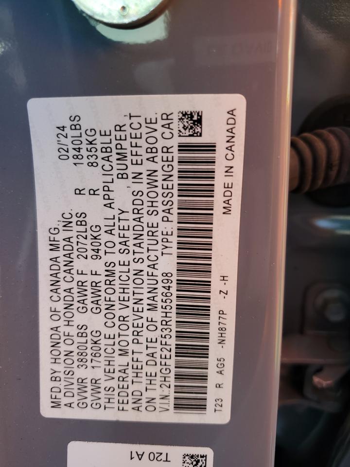 2024 Honda Civic VIN 2HGFE2F53RH556498 Copart auction photo, front end / undercarriage damage thumbnail 14