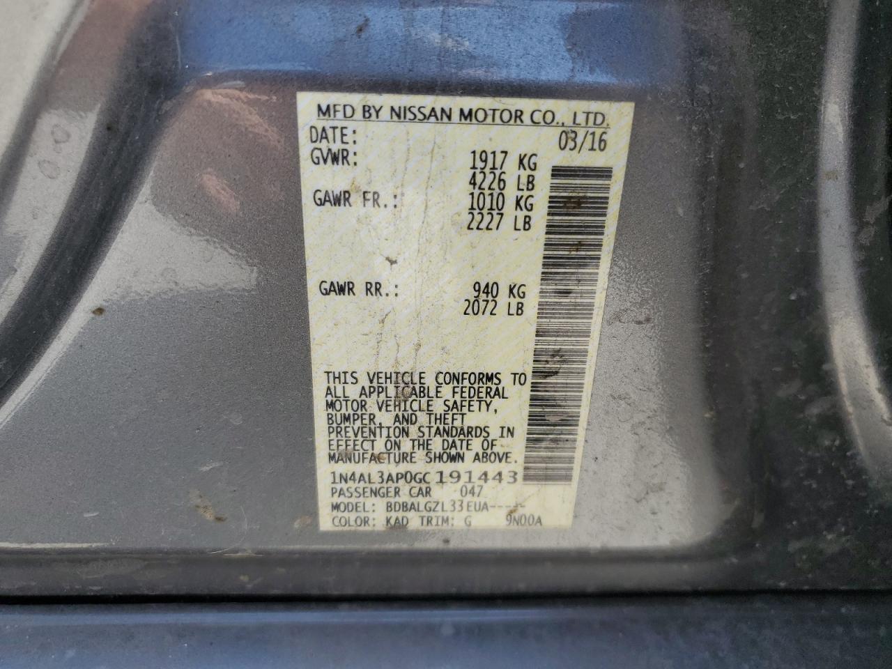 2016 Nissan Altima VIN 1N4AL3AP0GC191443 Copart auction photo, rear end / side damage thumbnail 12