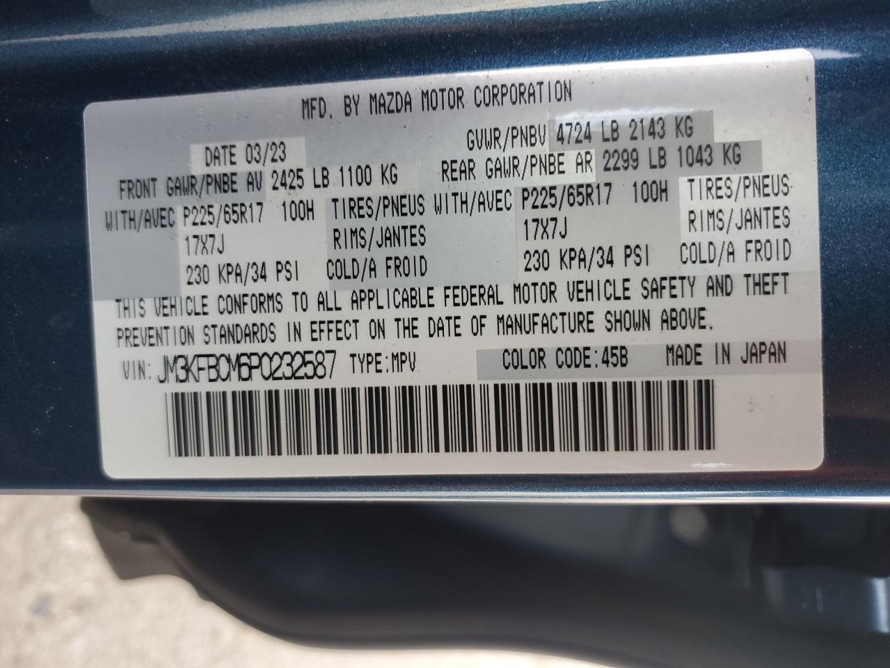 2023 Mazda CX-5 VIN JM3KFBCM6P0232587 Copart auction photo, front end / rear end damage thumbnail 13