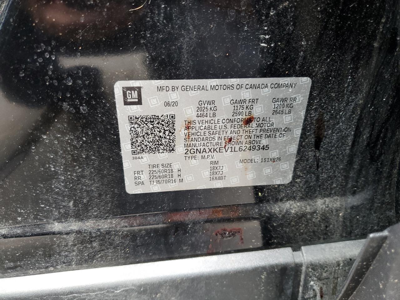 2020 Chevrolet Equinox VIN 2GNAXKEV1L6249345 Copart auction photo, front end / side damage thumbnail 14