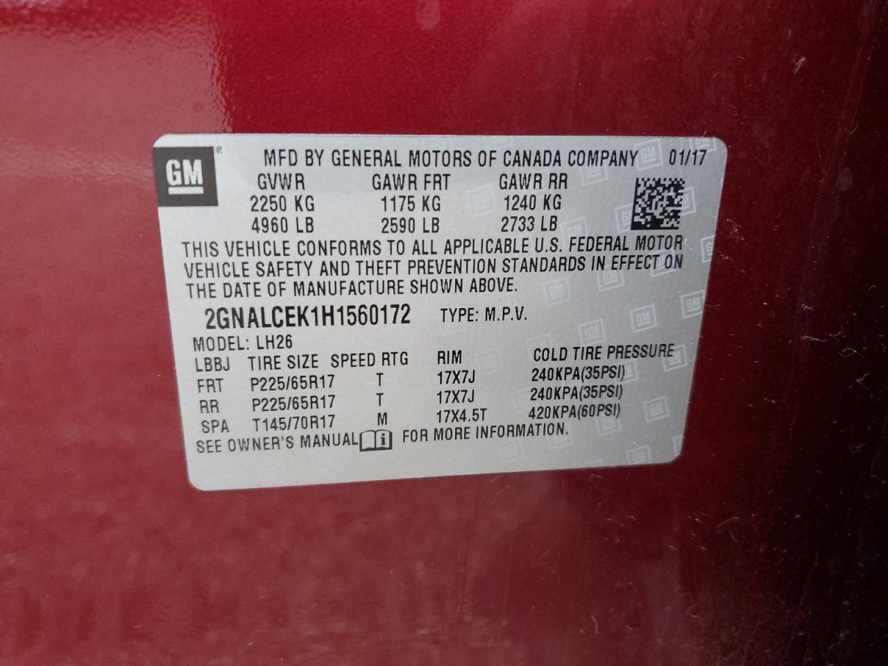 2017 Chevrolet Equinox VIN 2GNALCEK1H1560172 Copart auction photo, front end damage thumbnail 13