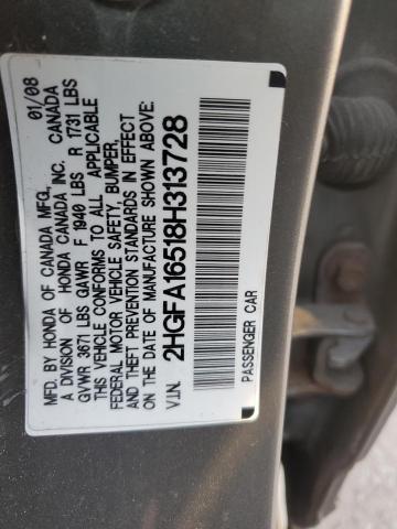 2008 Honda Civic VIN 2HGFA16518H313728 Copart auction photo, front end damage thumbnail 12