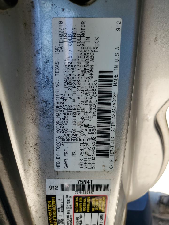 2011 Toyota Tacoma VIN 5TFUX4ENXBX001580 Copart auction photo, front end / minor dent/scratches damage thumbnail 12