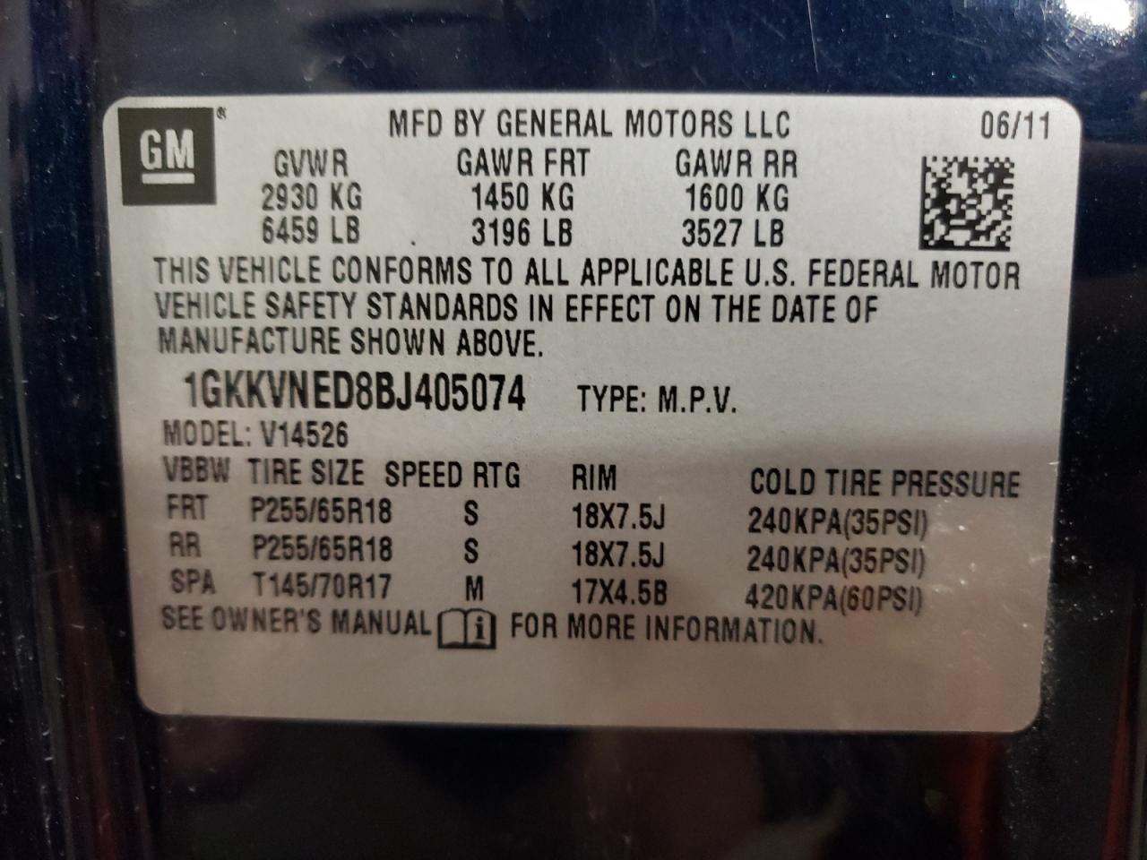 2011 GMC Acadia VIN 1GKKVNED8BJ405074 Copart auction photo, all over damage thumbnail 15