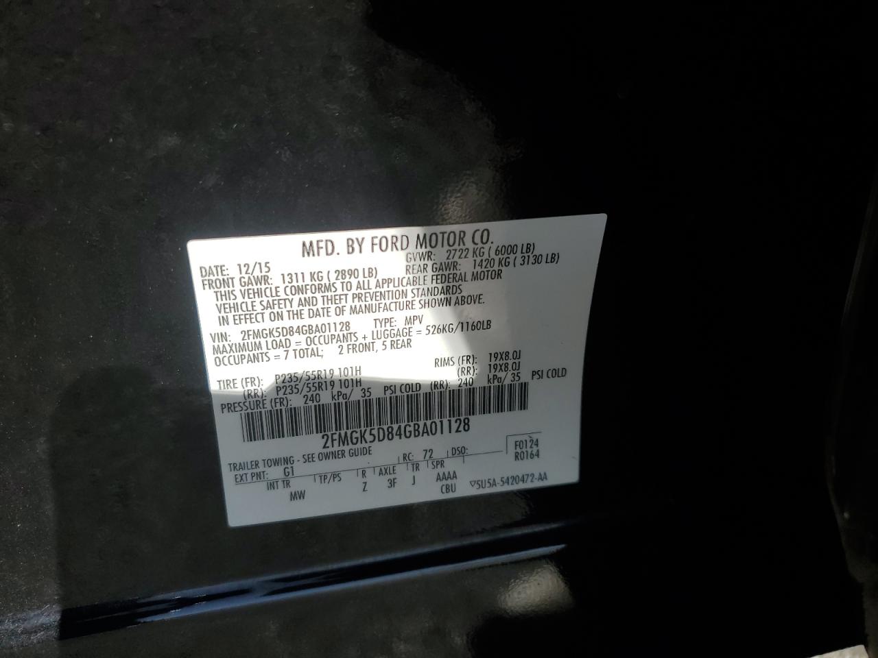 2016 Ford Flex VIN 2FMGK5D84GBA01128 Copart auction photo, rear end / side damage thumbnail 13