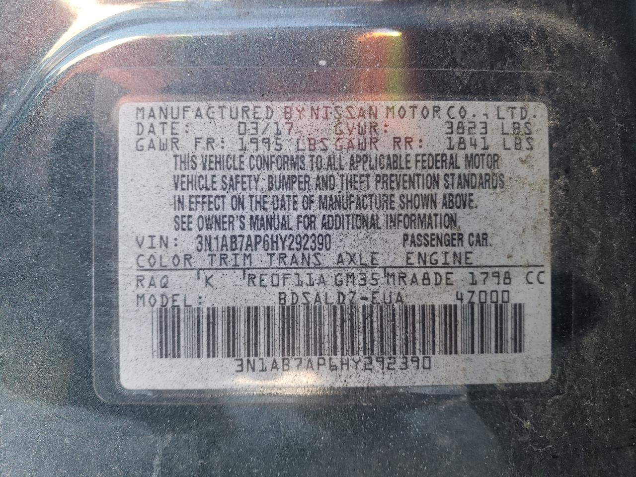2017 Nissan Sentra VIN 3N1AB7AP6HY292390 Copart auction photo, front end / side damage thumbnail 12