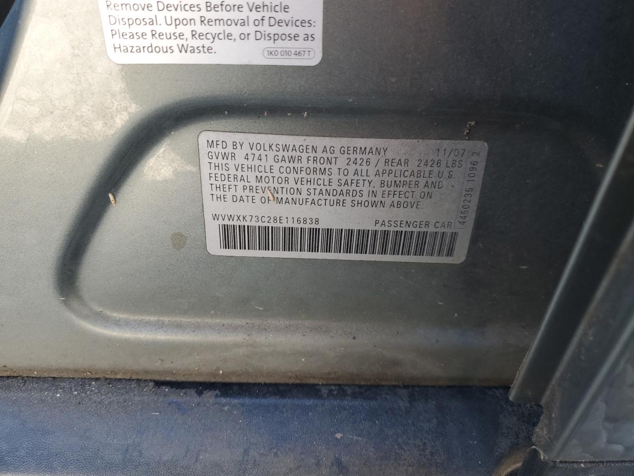 2008 Volkswagen Passat VIN WVWXK73C28E116838 Copart auction photo, front end damage thumbnail 12