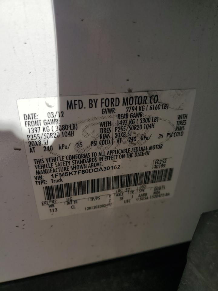 2013 Ford Explorer VIN 1FM5K7F80DGA30162 Copart auction photo, front end / rear end damage thumbnail 13