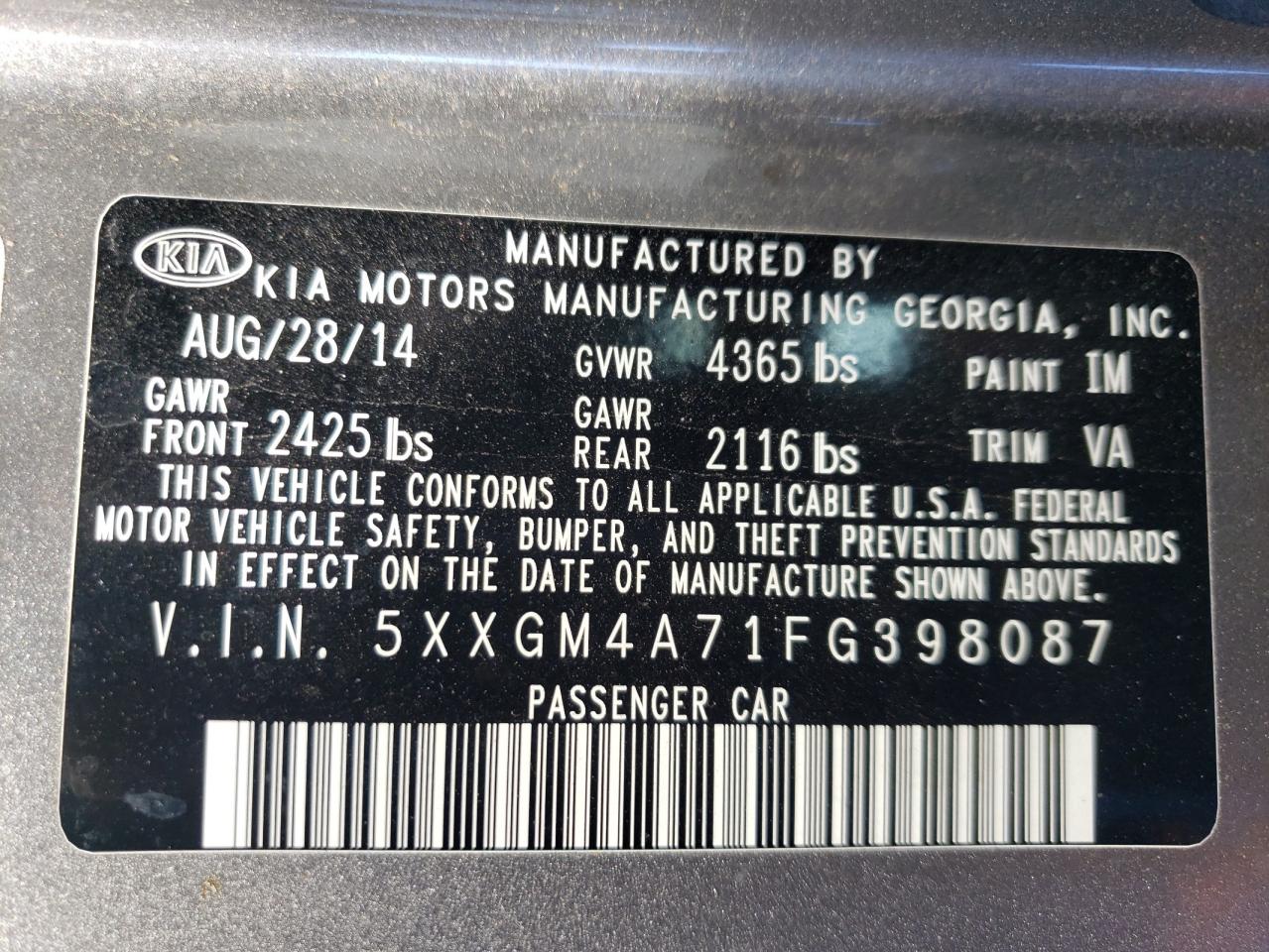 2015 KIA Optima VIN 5XXGM4A71FG398087 Copart auction photo, front end / undercarriage damage thumbnail 12