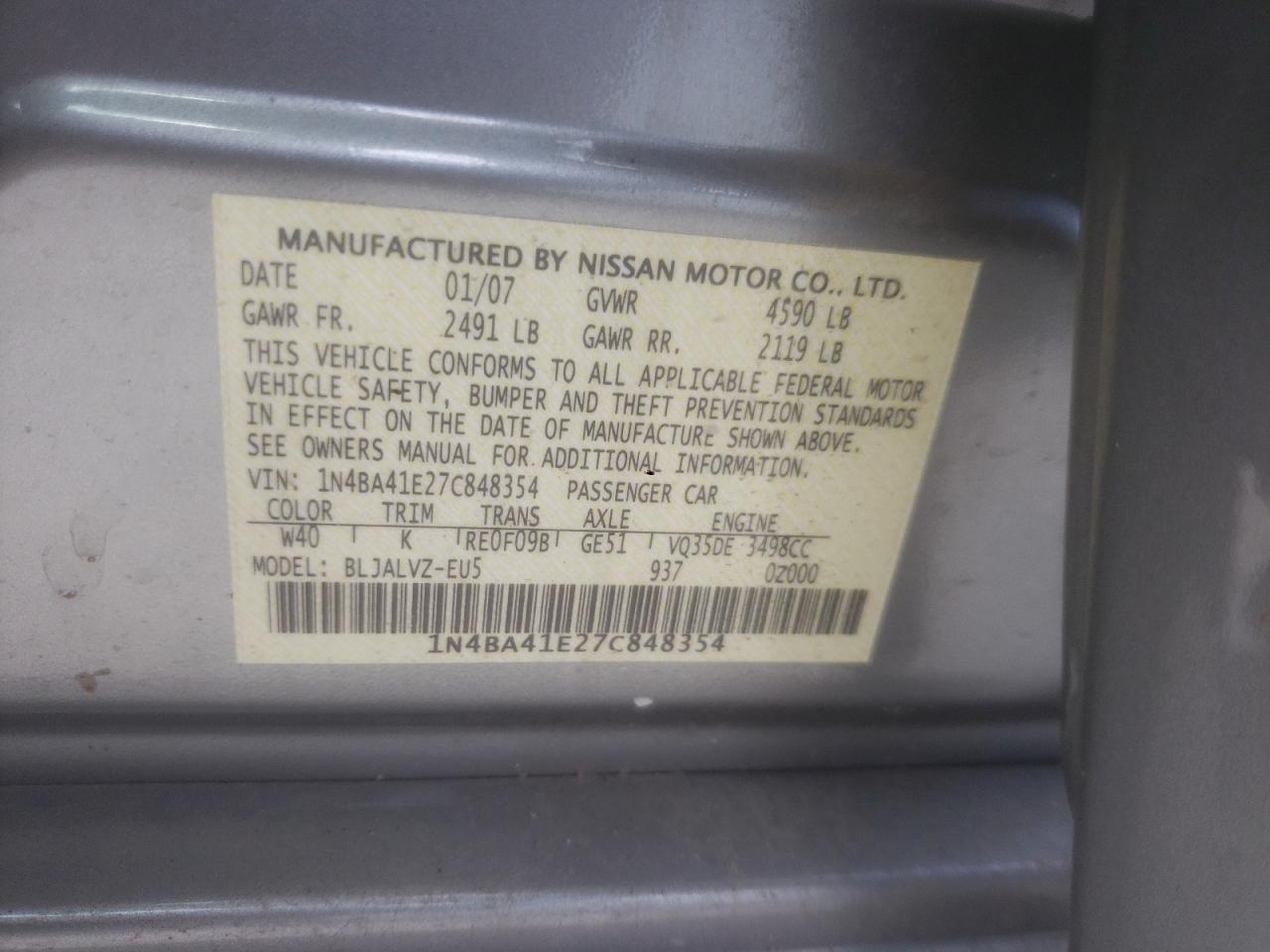 2007 Nissan Maxima VIN 1N4BA41E27C848354 Copart auction photo, normal wear damage thumbnail 12