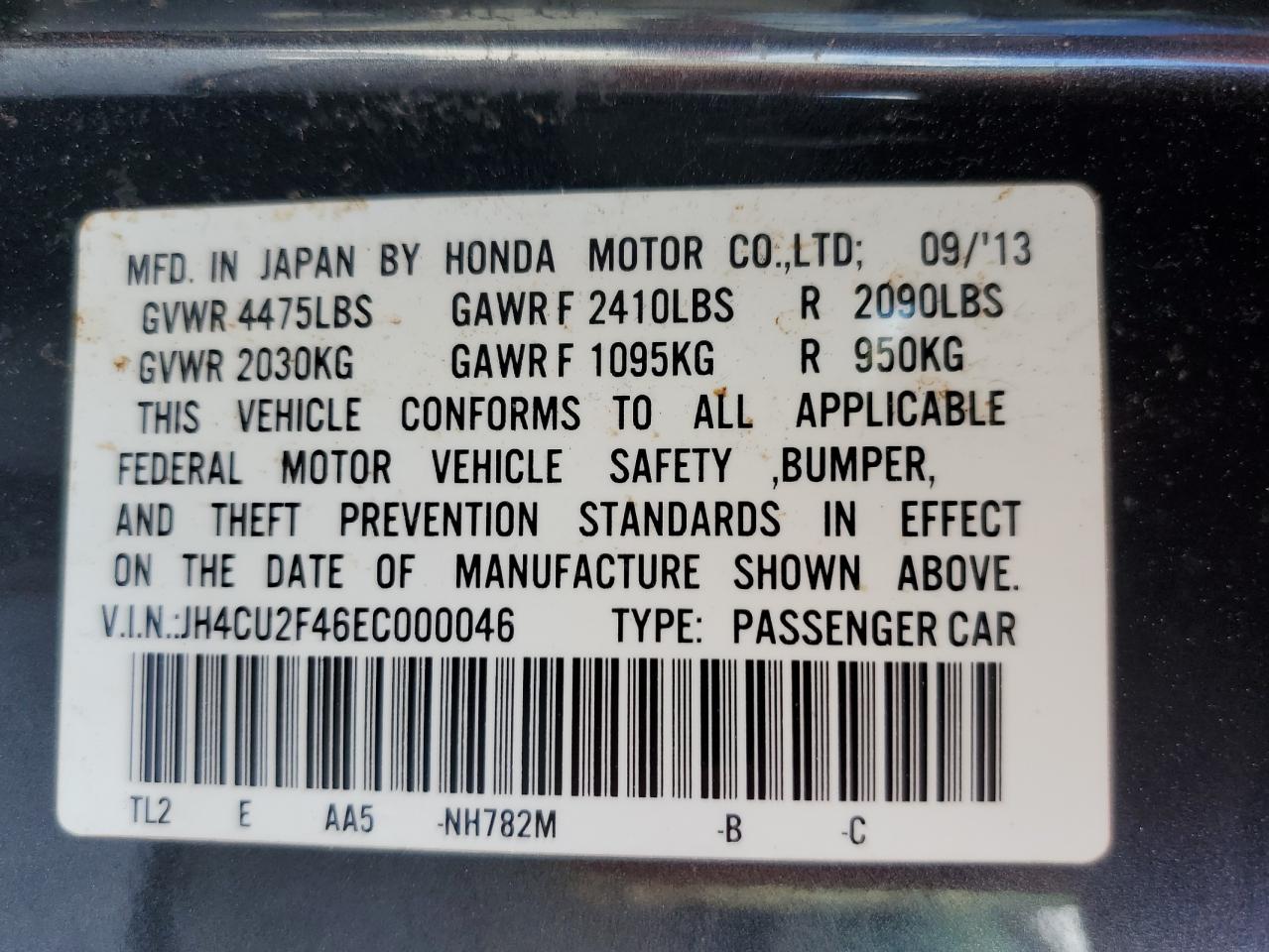 2014 Acura TSX VIN JH4CU2F46EC000046 Copart auction photo, side damage thumbnail 14