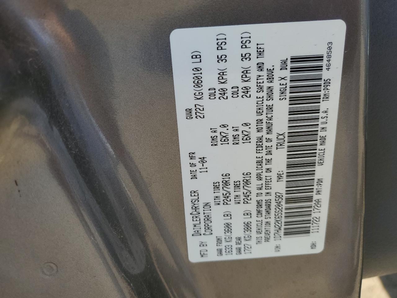 2005 Dodge Dakota VIN 1D7HW22K65S204587 Copart auction photo, front end damage thumbnail 14