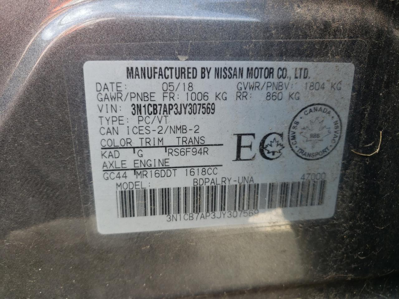 2018 Nissan Sentra VIN 3N1CB7AP3JY307569 Copart auction photo, rear end / front end damage thumbnail 14