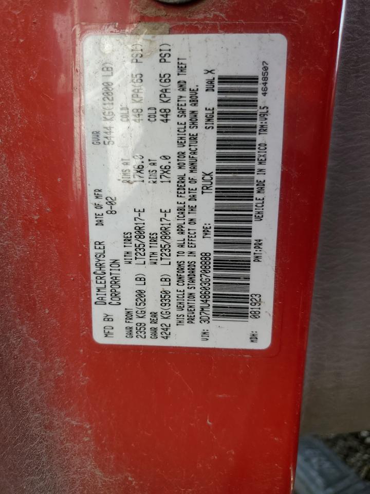 2003 Dodge RAM VIN 3D7MU48603G708888 Copart auction photo, front end damage thumbnail 12
