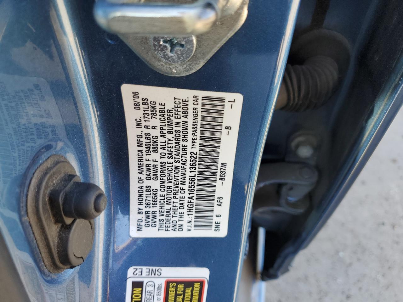 2006 Honda Civic VIN 1HGFA16556L136522 Copart auction photo, rear end damage thumbnail 12