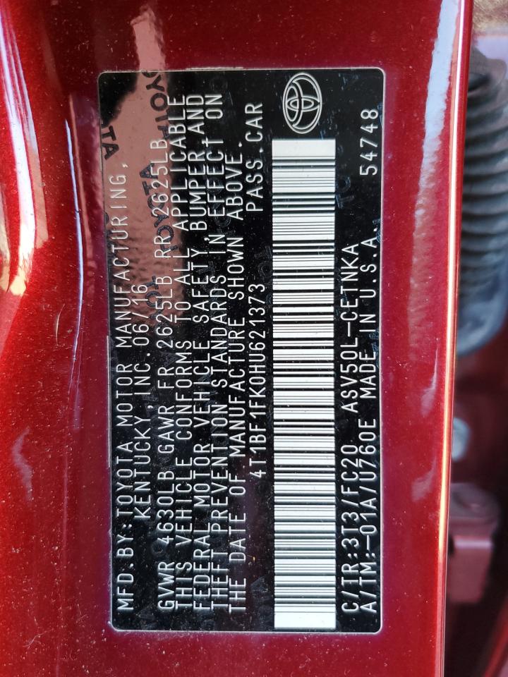 2017 Toyota Camry VIN 4T1BF1FK0HU621373 Copart auction photo, all over damage thumbnail 12