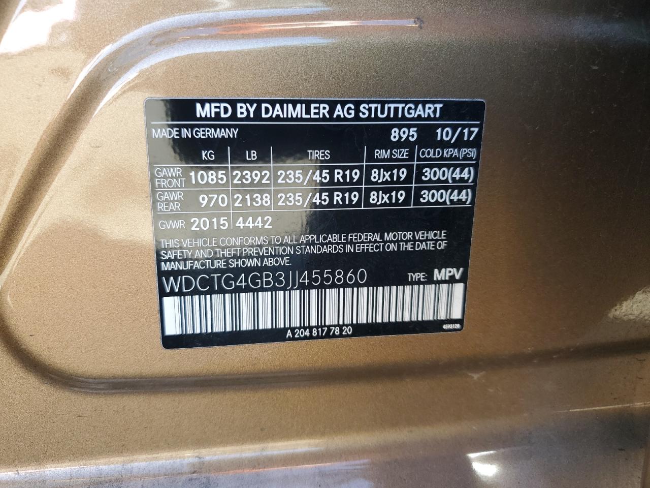 2018 Mercedes-Benz GLA-klasse VIN WDCTG4GB3JJ455860 Copart auction photo, side / front end damage thumbnail 13