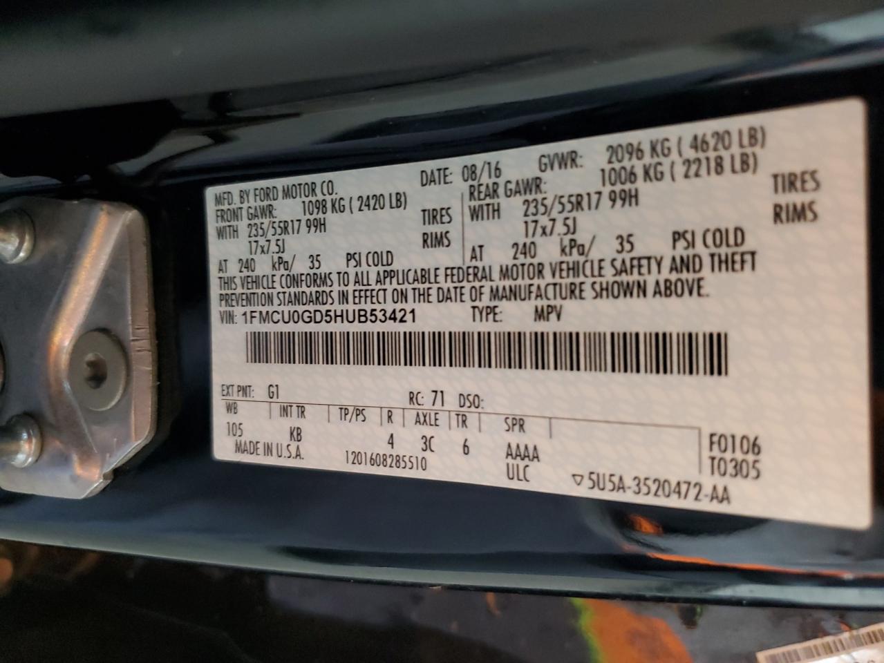 2017 Ford Escape VIN 1FMCU0GD5HUB53421 Copart auction photo, front end damage thumbnail 14