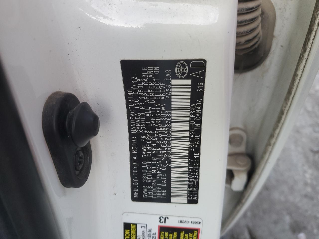 2012 Toyota Corolla VIN 2T1BU4EE0CC787681 Copart auction photo, all over damage thumbnail 12