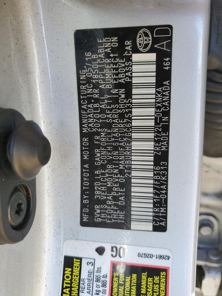 2016 Toyota Corolla VIN 2T1BURHE7GC675135 Copart auction photo, hail damage thumbnail 12