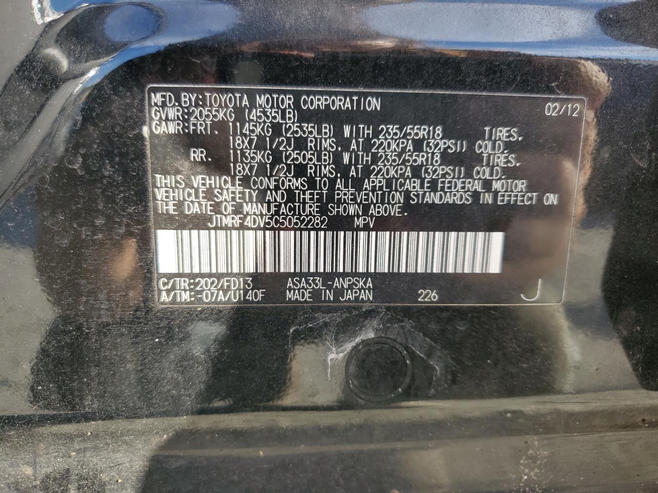 2012 Toyota RAV 4 VIN JTMRF4DV5C5052282 Copart auction photo, side damage thumbnail 12