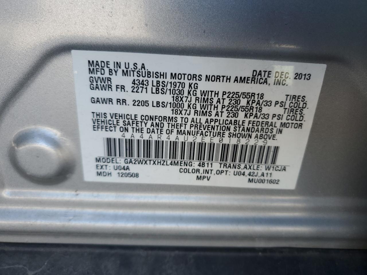 2014 Mitsubishi Outlander VIN 4A4AR4AU2EE018229 Copart auction photo, front end damage thumbnail 15