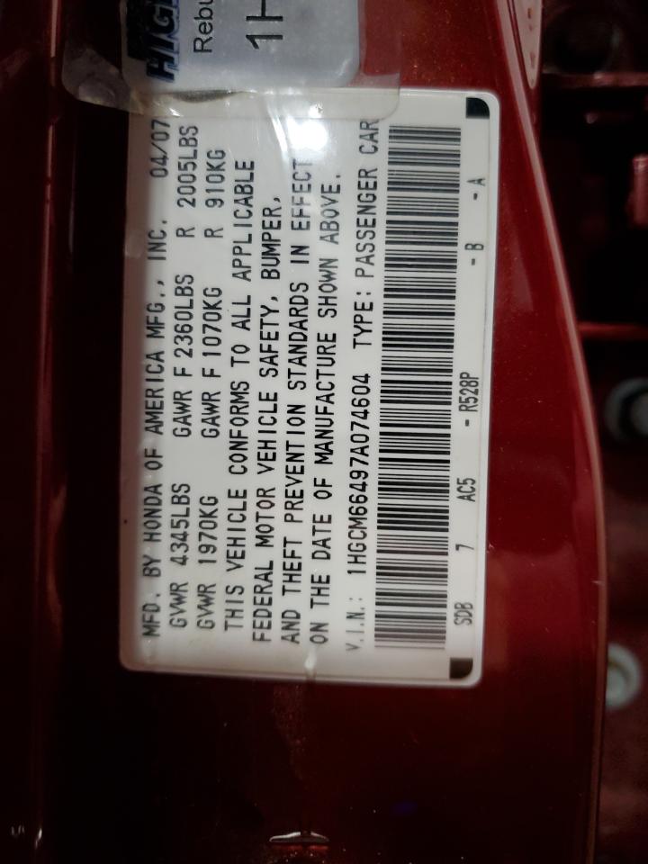 2007 Honda Accord VIN 1HGCM66497A074604 Copart auction photo, front end / hail damage thumbnail 12