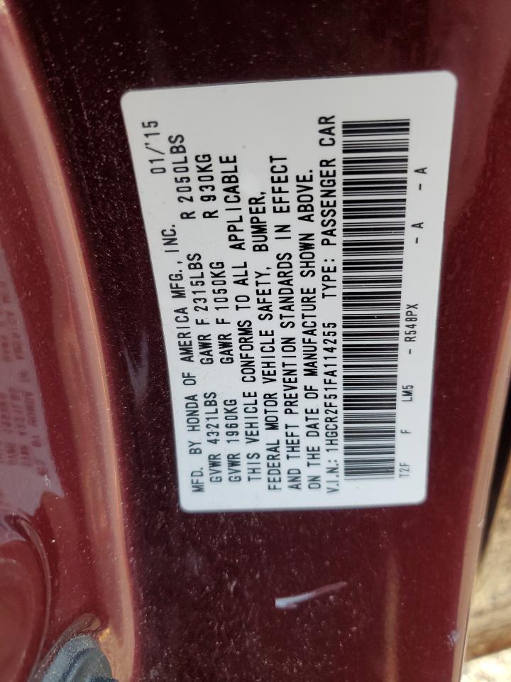 2015 Honda Accord VIN 1HGCR2F51FA114255 Copart auction photo, front end / side damage thumbnail 15