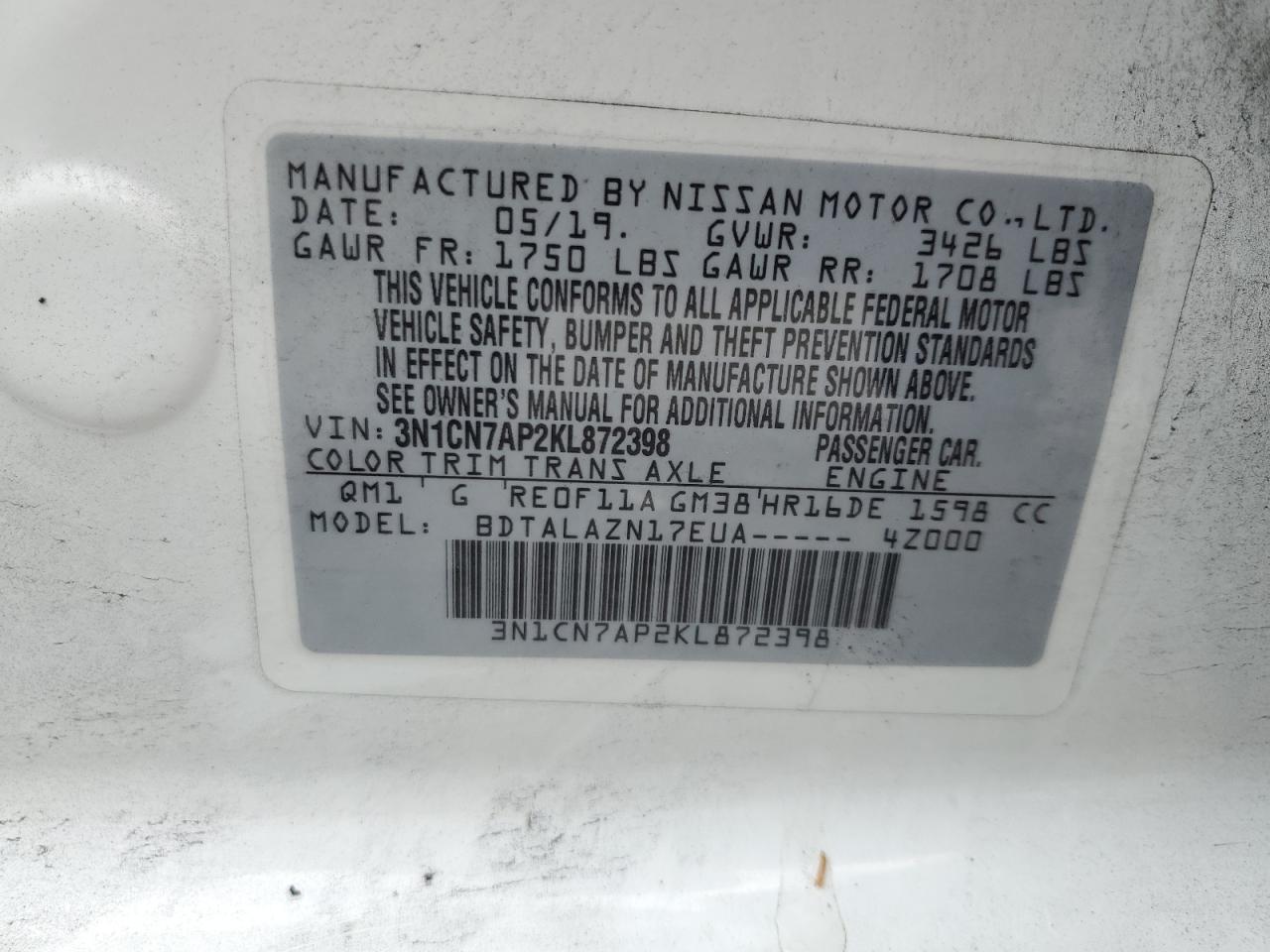2019 Nissan Versa VIN 3N1CN7AP2KL872398 Copart auction photo, rear end damage thumbnail 12