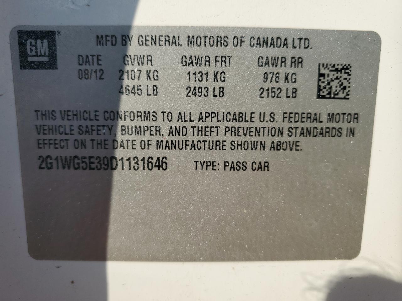 2013 Chevrolet Impala VIN 2G1WG5E39D1131646 Copart auction photo, side damage thumbnail 12