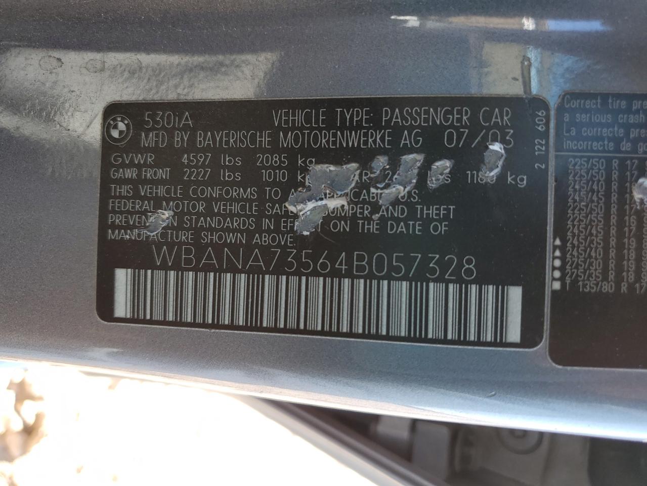 2004 BMW 5er VIN WBANA73564B057328 Copart auction photo, front end / side damage thumbnail 14