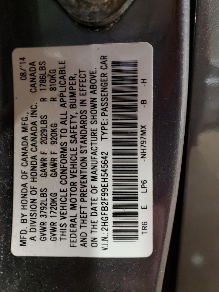 2014 Honda Civic VIN 2HGFB2F99EH545642 Copart auction photo, rear end damage thumbnail 13