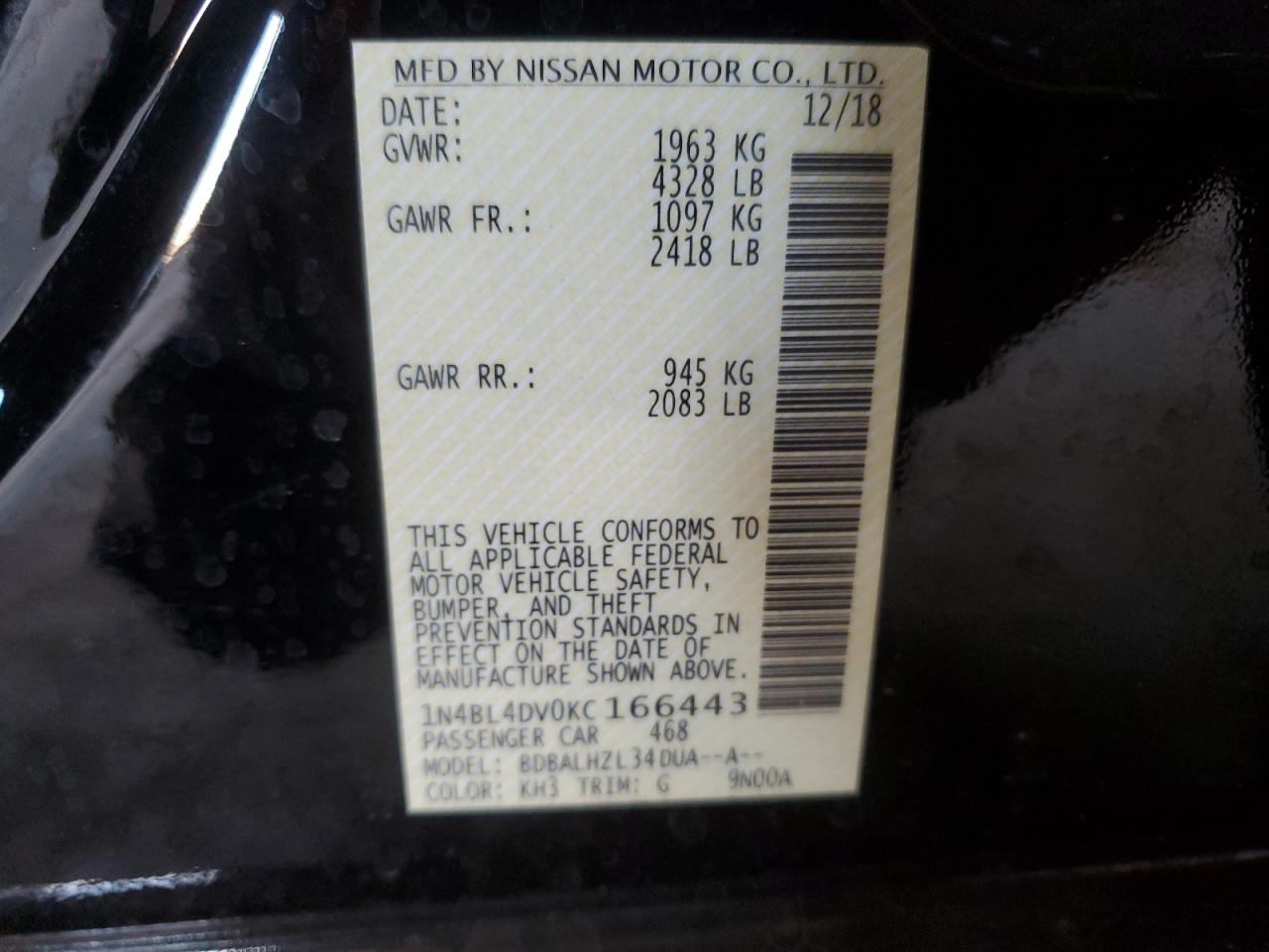 2019 Nissan Altima VIN 1N4BL4DV0KC166443 Copart auction photo, front end damage thumbnail 13