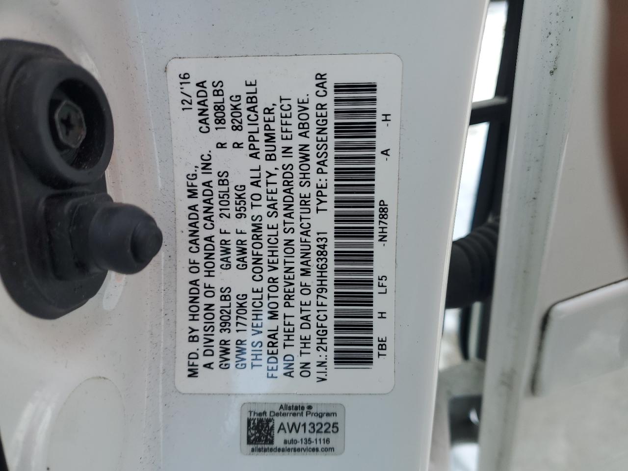 2017 Honda Civic VIN 2HGFC1F79HH638431 Copart auction photo, front end damage thumbnail 12