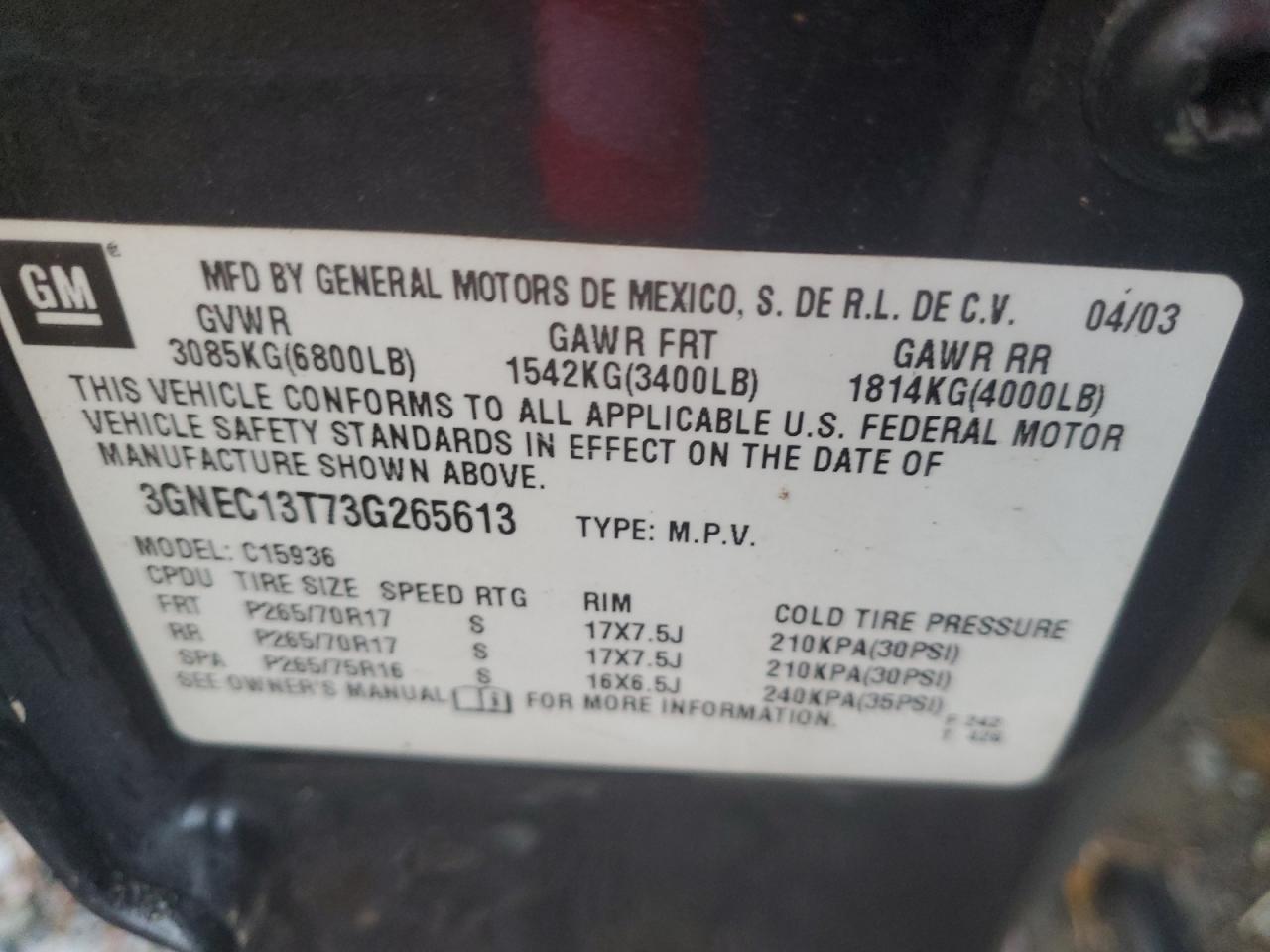 2003 Chevrolet Avalanche VIN 3GNEC13T73G265613 Copart auction photo, rear end damage thumbnail 14