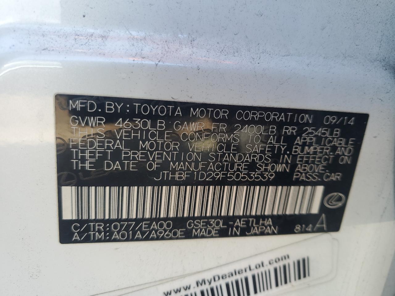 2015 Lexus IS VIN JTHBF1D29F5053539 Copart auction photo, front end damage thumbnail 14