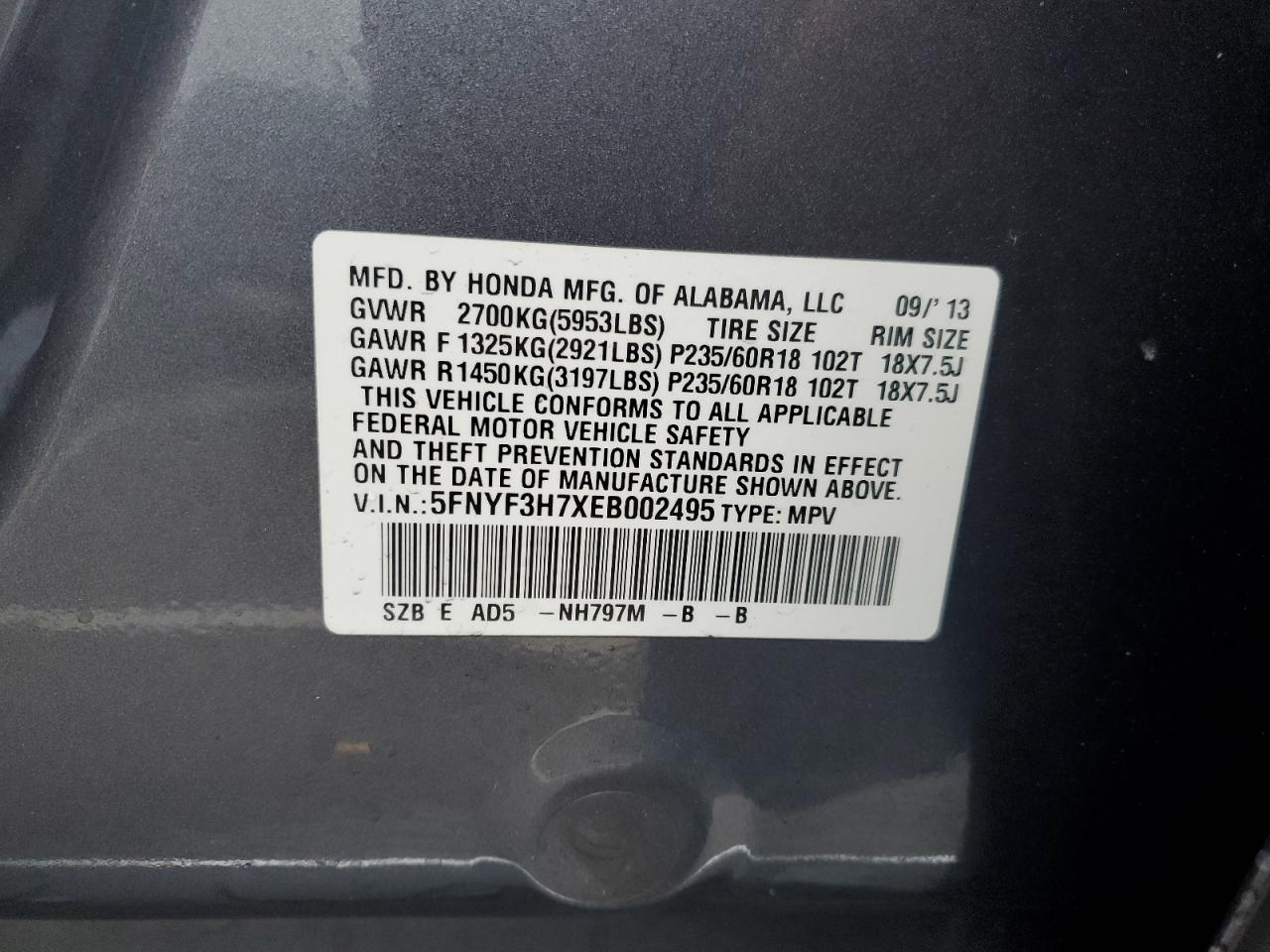 2014 Honda Pilot VIN 5FNYF3H7XEB002495 Copart auction photo, rear end damage thumbnail 13