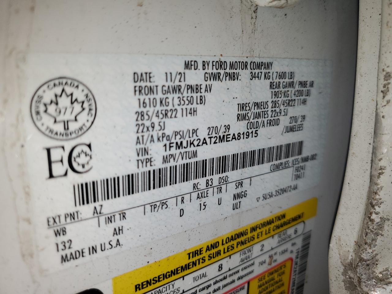 2021 Ford Expedition VIN 1FMJK2AT2MEA81915 Copart auction photo, all over damage thumbnail 14