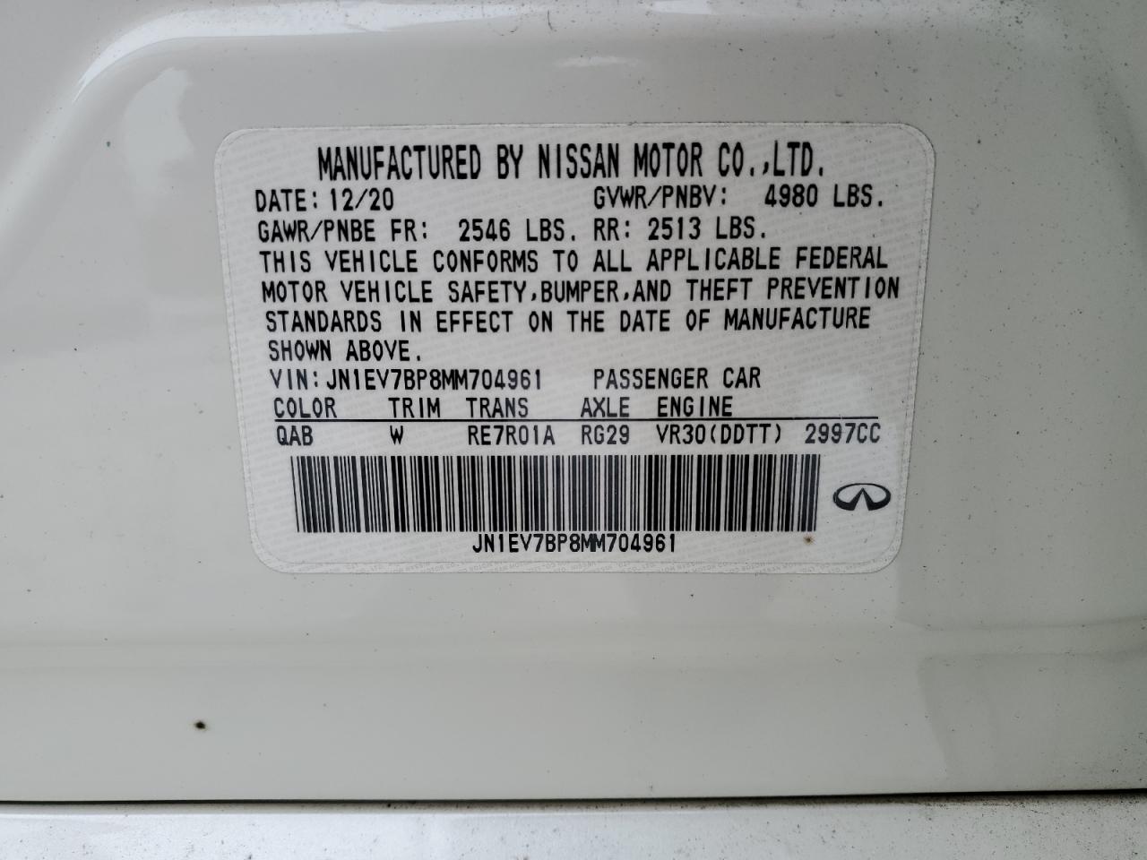 2021 Infiniti Q50 VIN JN1EV7BP8MM704961 Copart auction photo, front end damage thumbnail 14
