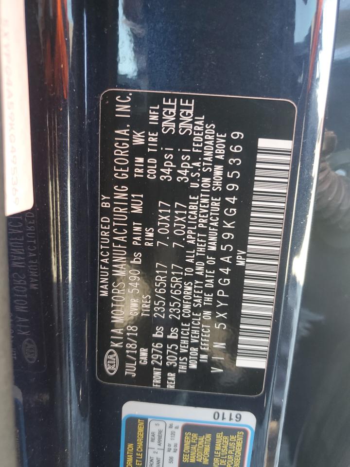 2019 KIA Sorento VIN 5XYPG4A59KG495369 Copart auction photo, front end / side damage thumbnail 15