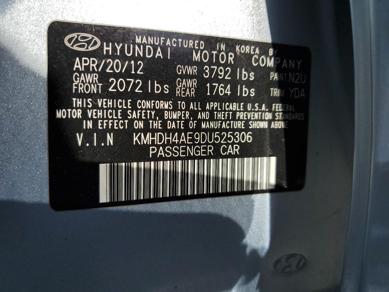 2013 Hyundai Elantra VIN KMHDH4AE9DU525306 Copart auction photo, front end damage thumbnail 13