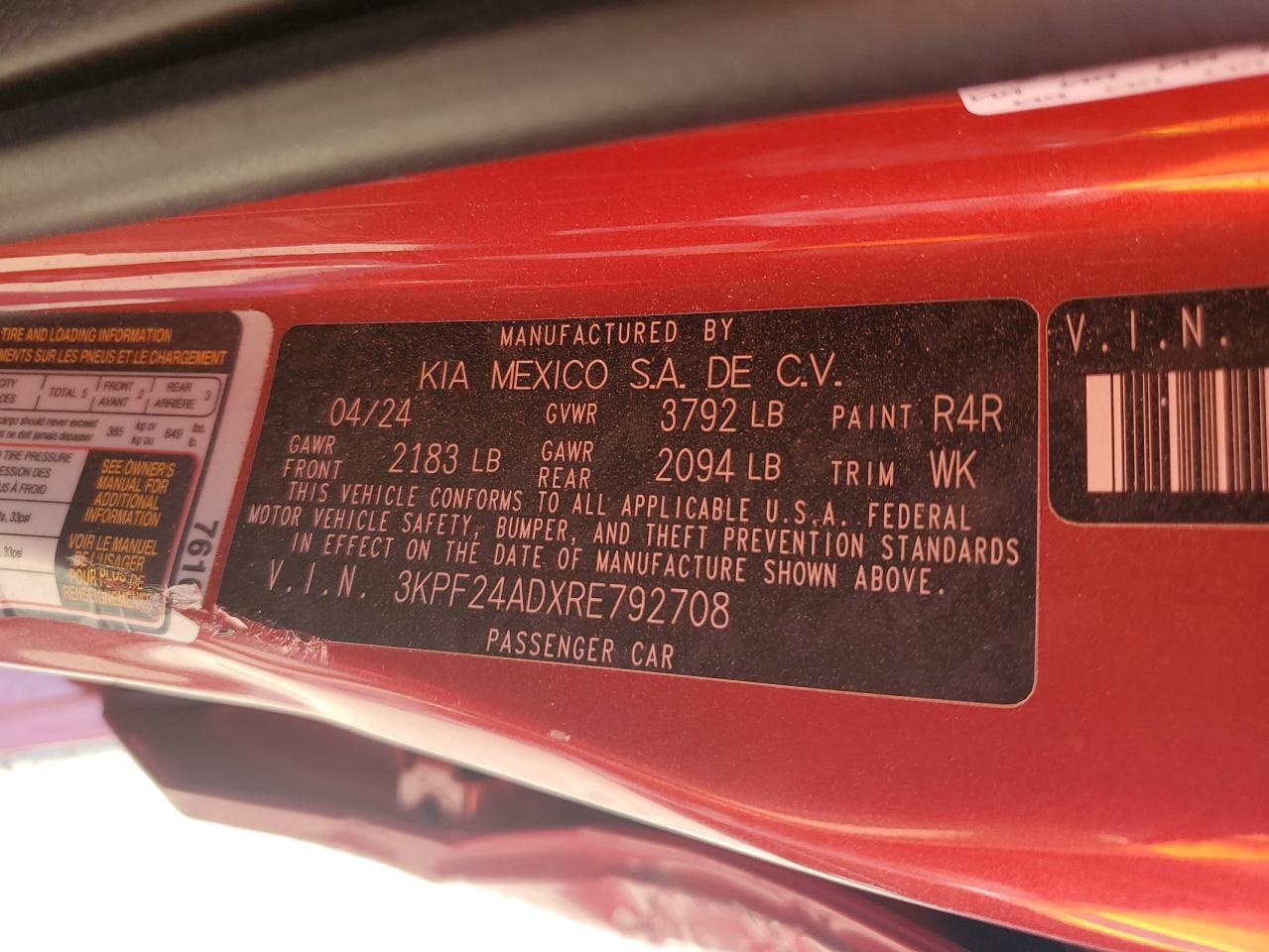 2024 KIA Forte VIN 3KPF24ADXRE792708 Copart auction photo, side damage thumbnail 13