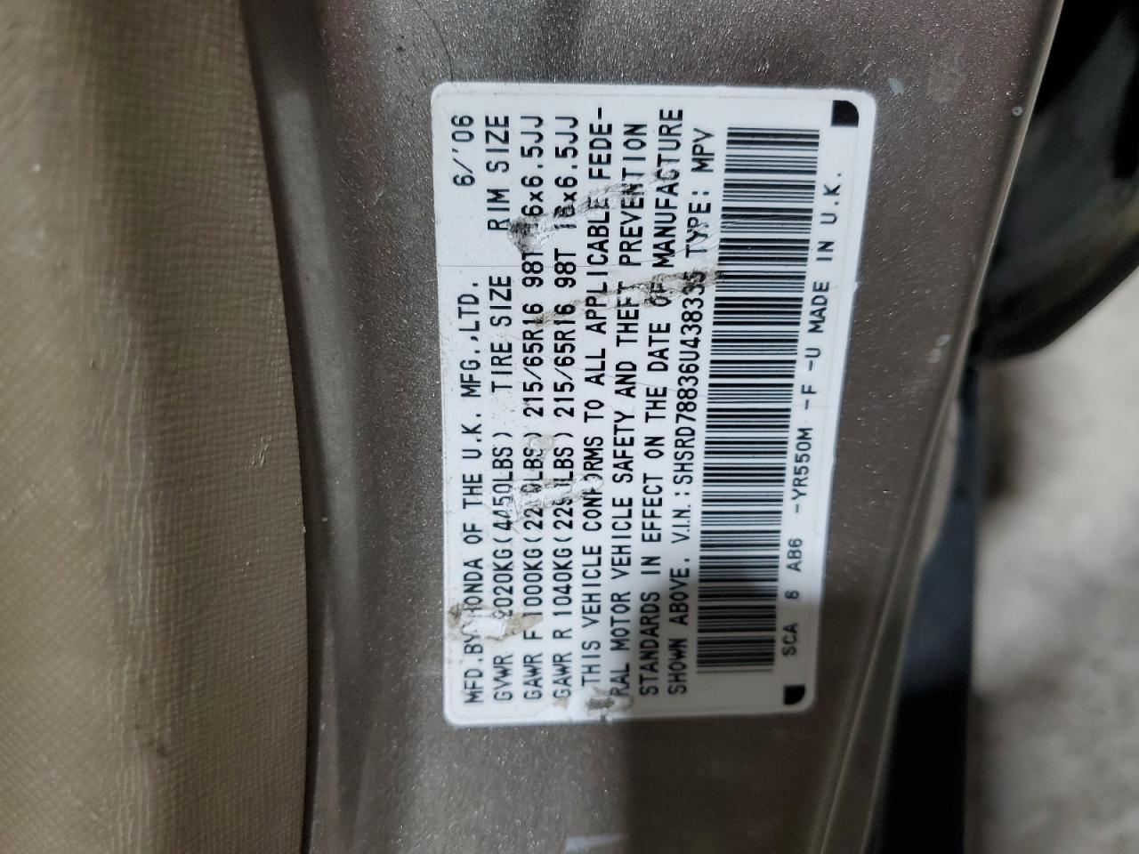 2006 Honda CR-V VIN SHSRD78836U438335 Copart auction photo, rear end damage thumbnail 13