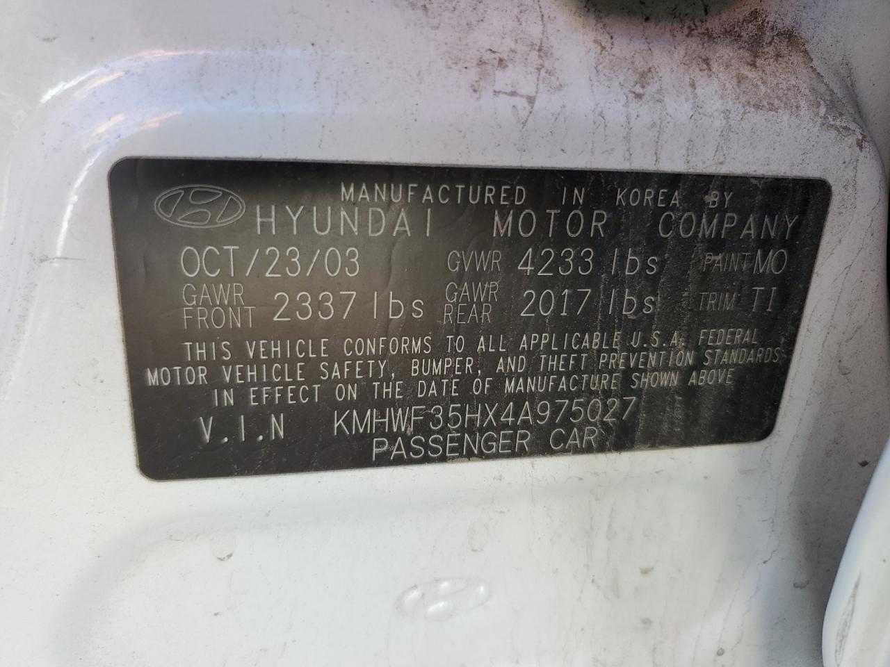 2004 Hyundai Sonata VIN KMHWF35HX4A975027 Copart auction photo, front end damage thumbnail 12